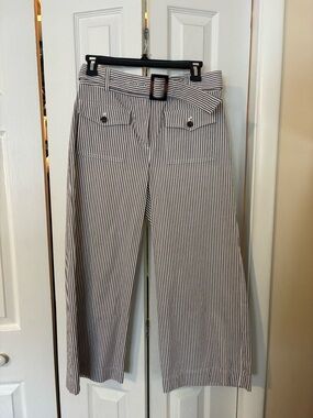 Striped Wide-Leg Belted Pants - Navy & White